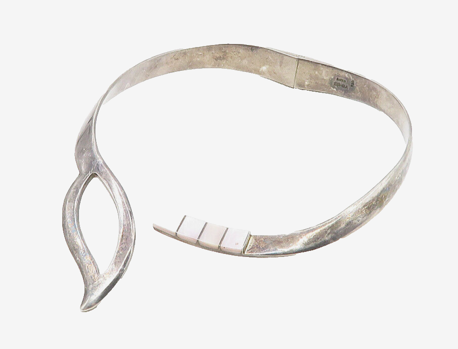 MEXICO 925 Sterling Silver  Vintage Mother Of Pearl Collar Necklace  NE1901