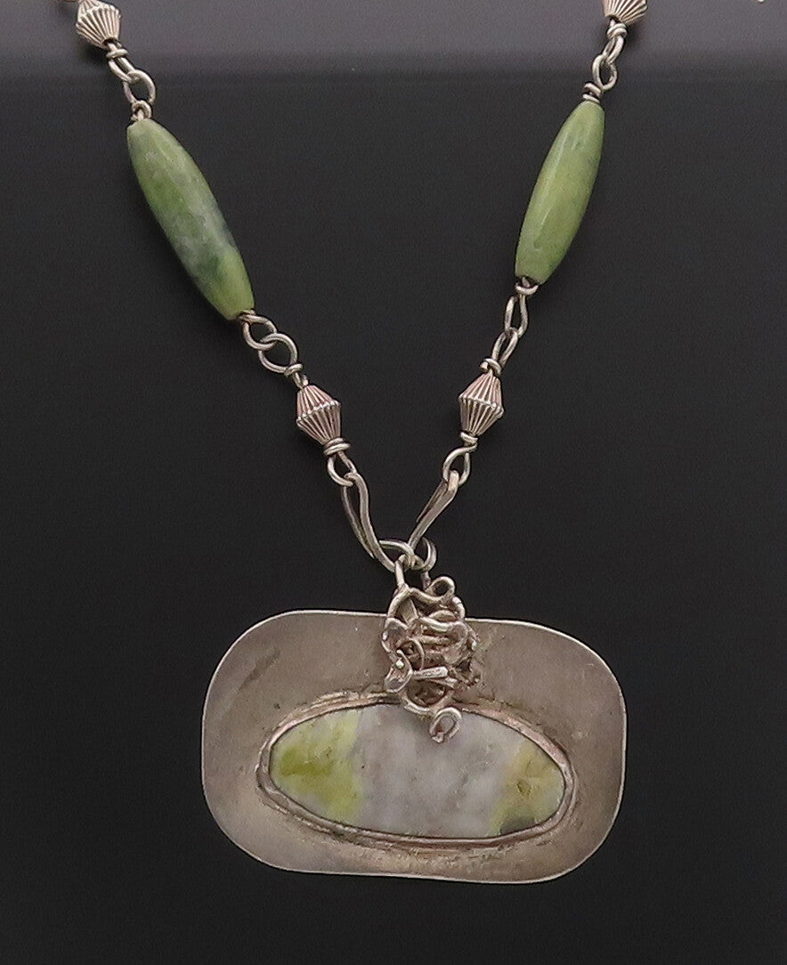 925 Sterling Silver Vintage Necklace Cylindrical Carved Green Marbles  NE4256