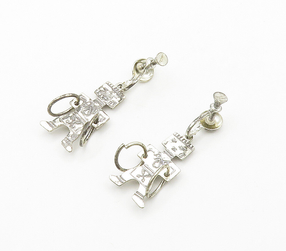 925 Sterling Silver  Vintage Etched Detail Statue Figure Drop Earrings  EG7826