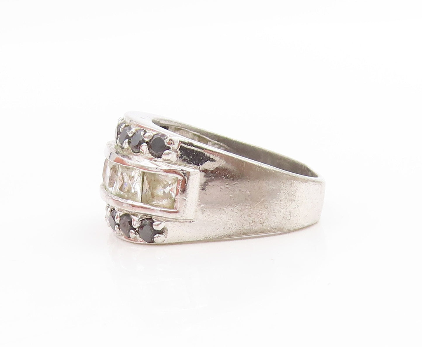 925 Sterling Silver Vintage Ring Triple Row CZ Statement Band  Sz 9  RG34040