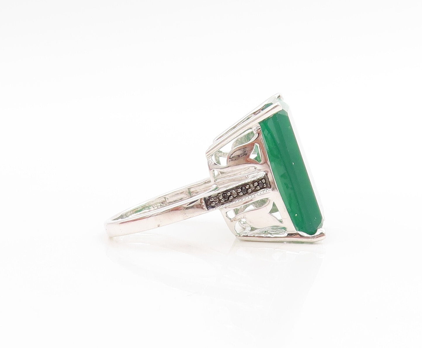 925 Sterling Silver Vintage Ring Black Diamonds & Green Onyx  Sz 8  RG30701