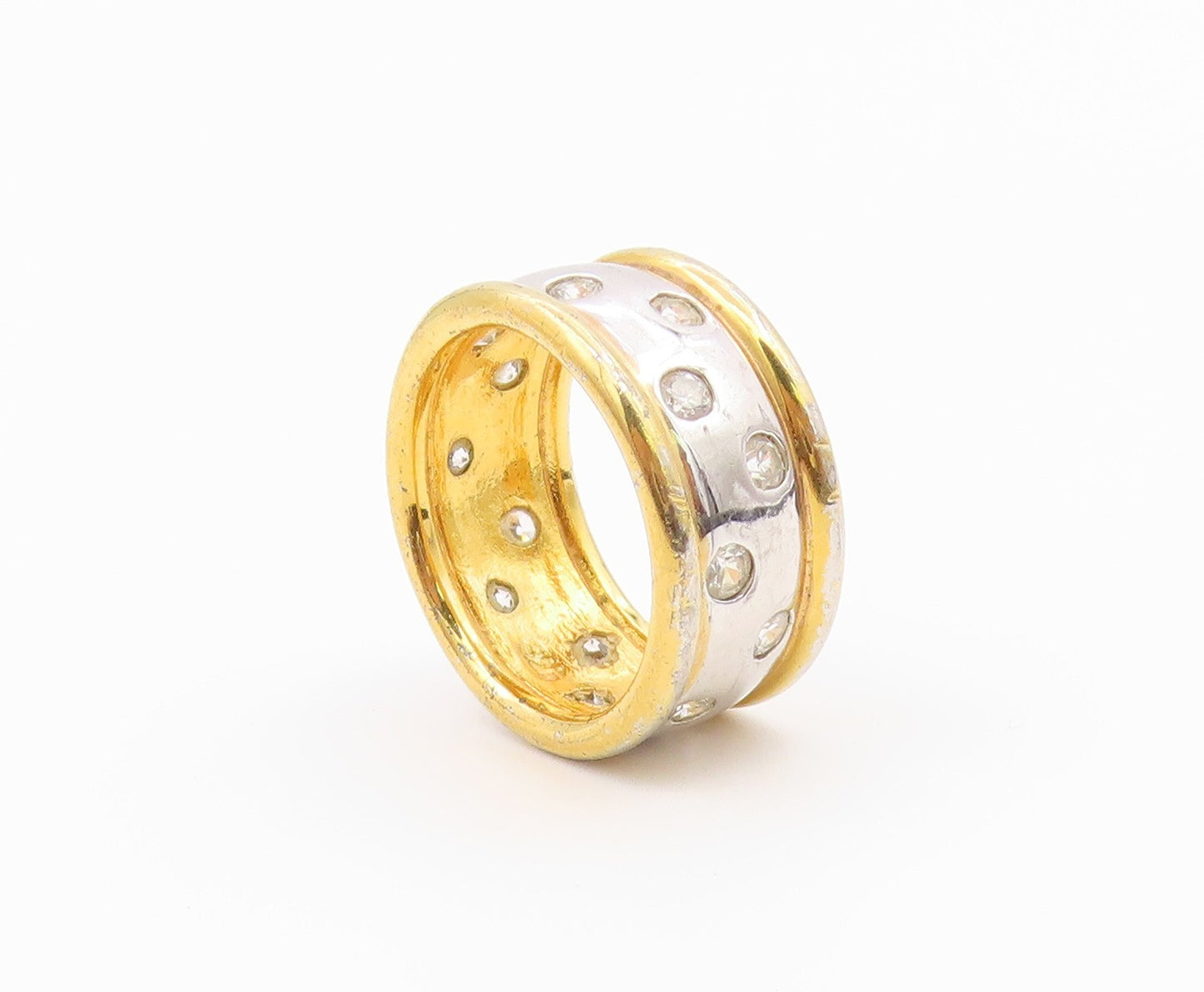 925 Sterling Silver Vintage Ring Two Tone Flush Set CZ Band  Sz 6.5  RG36546
