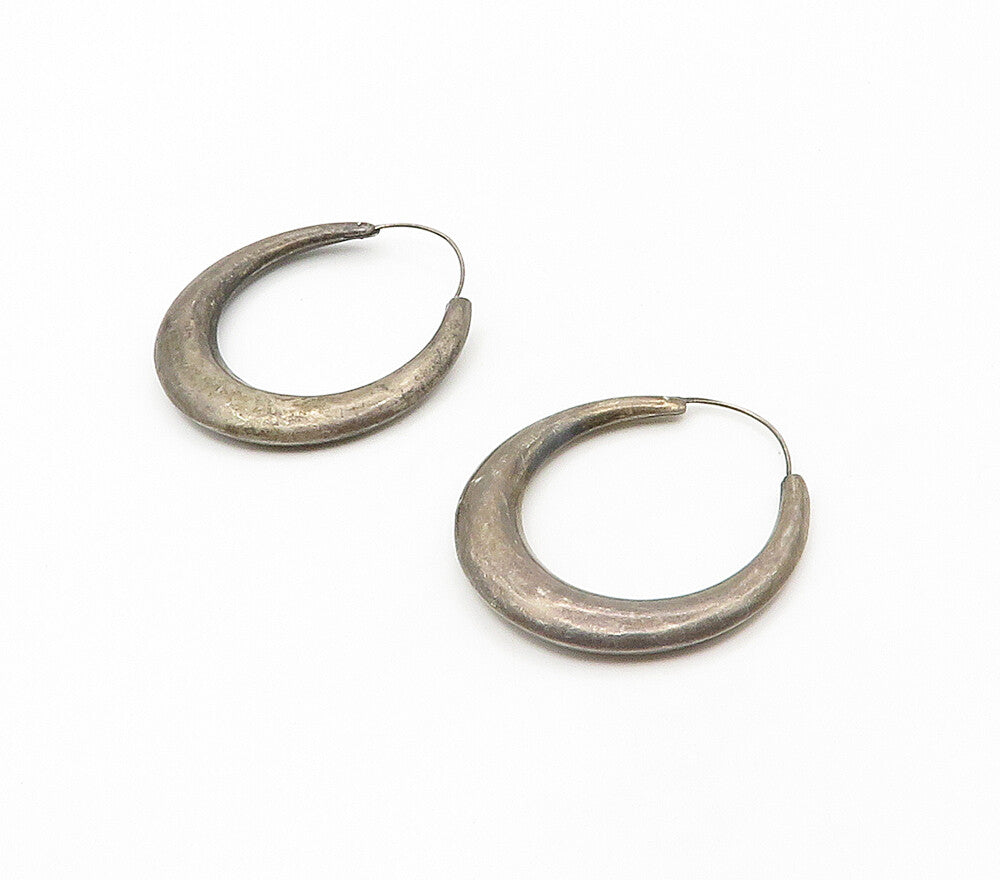 925 Sterling Silver  Vintage Dark Tone Hollow Smooth Hoop Earrings  EG8703