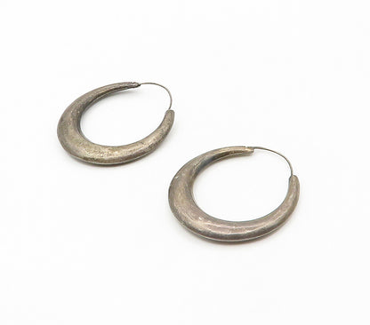 925 Sterling Silver  Vintage Dark Tone Hollow Smooth Hoop Earrings  EG8703