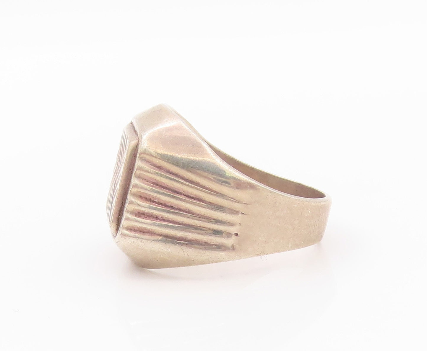 925 Sterling Silver Vintage Ring Modernist Grooved Signet Design  SZ 10  RG32304