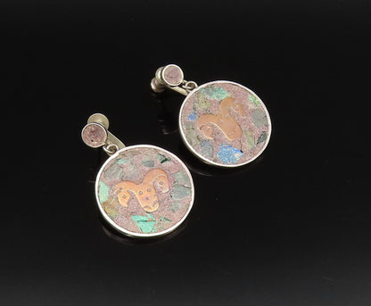 MEXICO 925 Silver  Vintage Two Tone Tumbled Jasper & Bull Earrings  EG12149