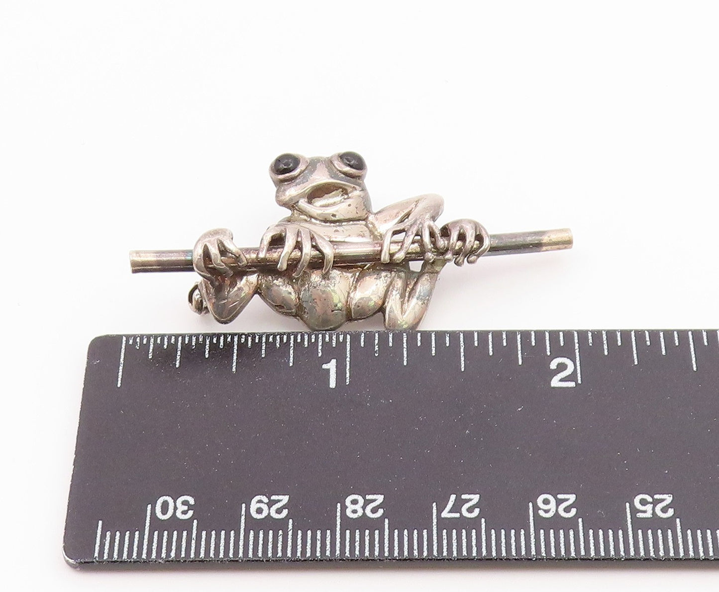 925 Sterling Silver  Vintage Black Onyx Eyes Frog Motif Brooch Pin  BP7899