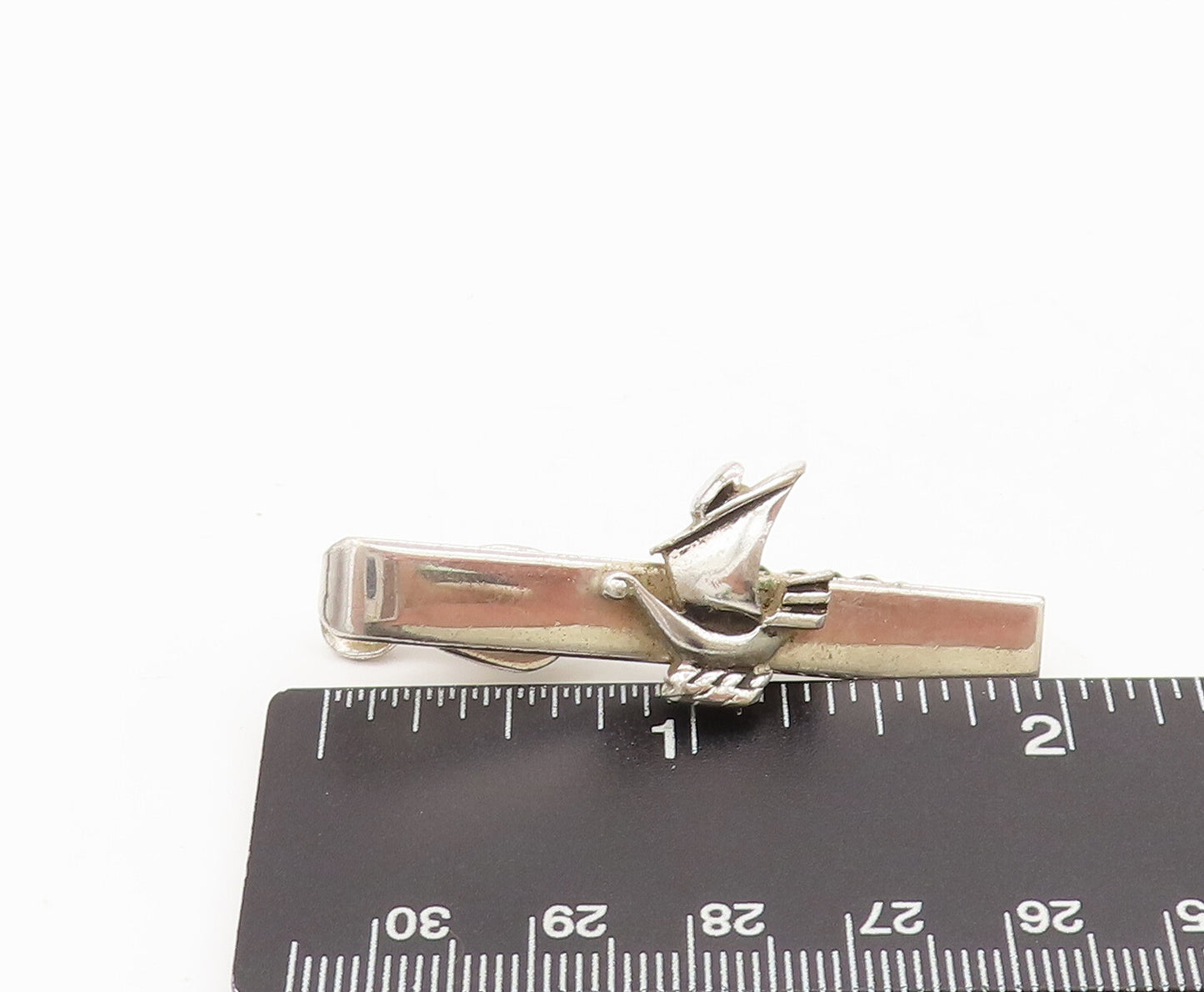 925 Sterling Silver  Vintage Sailor Ship Carved On Designer Tie Clip  TR3652