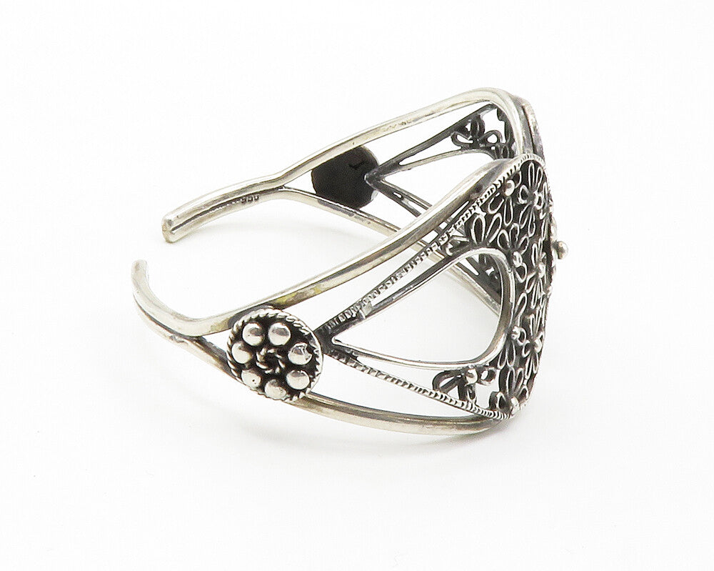 925 Sterling Silver  Vintage Open Flower Design Tapered Cuff Bracelet  BT5435