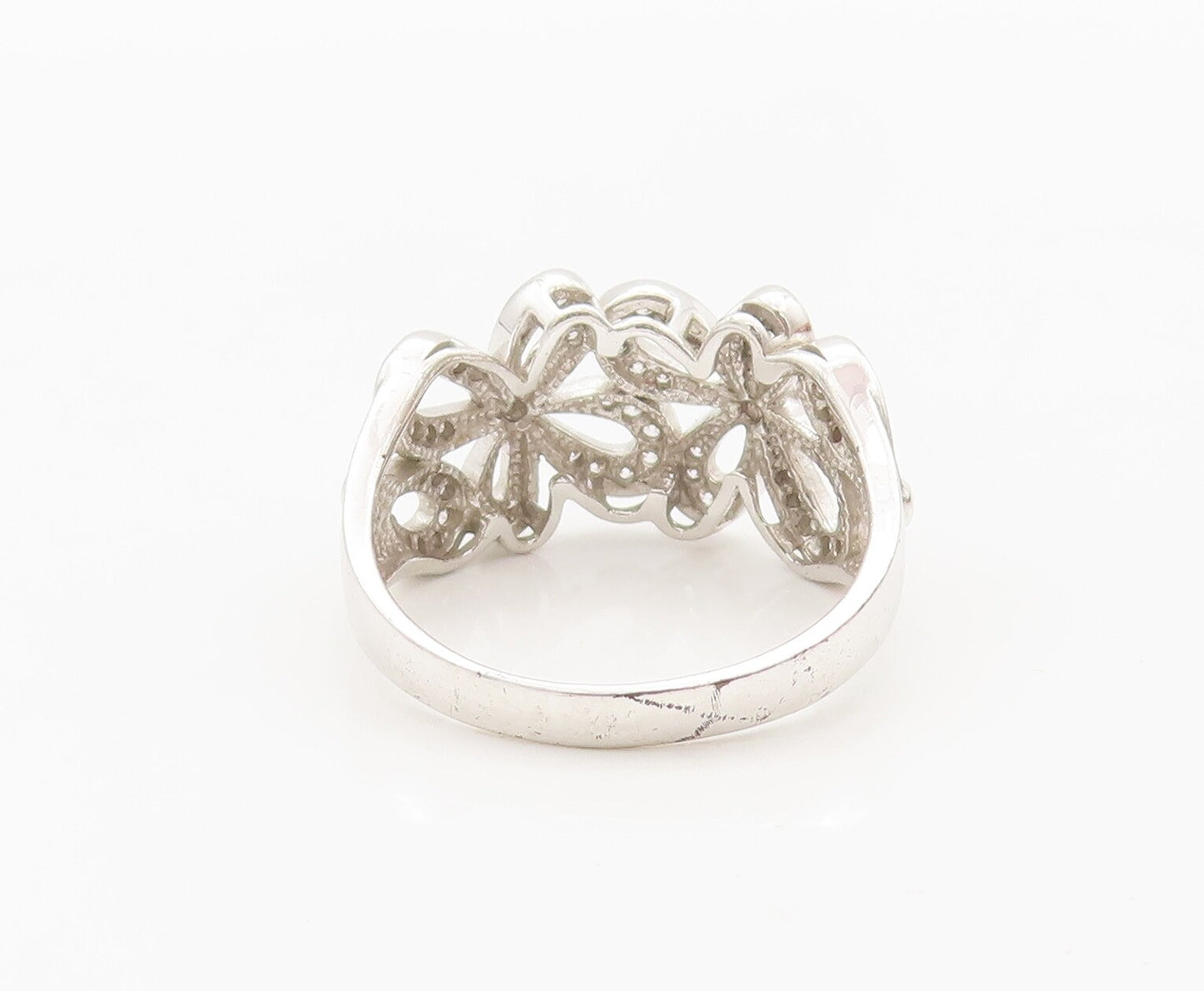 925 Sterling Silver Vintage Ring Solid Cutout CZ Beaded Flowers Sz 10.5  RG28301