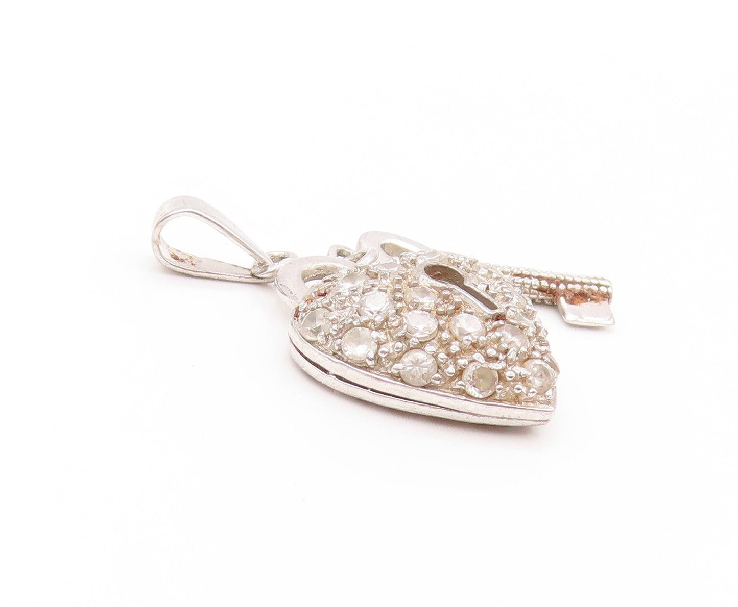 925 Sterling Silver Vintage Pendant CZ Heart Shaped Lock & Key  PT23965