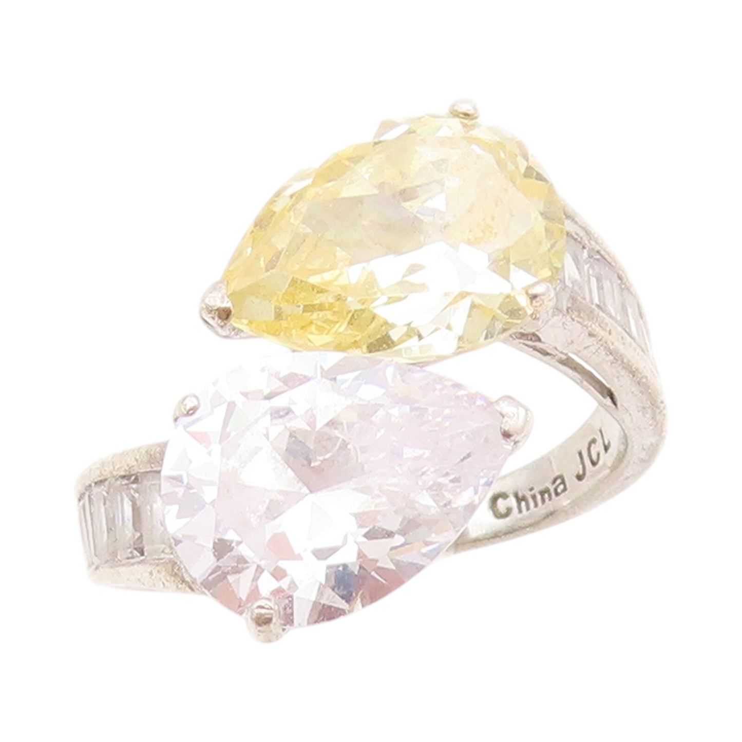 925 Sterling Silver Vintage Ring Drop Cut Citrine & CZ Bypass  Sz 7  RG31727