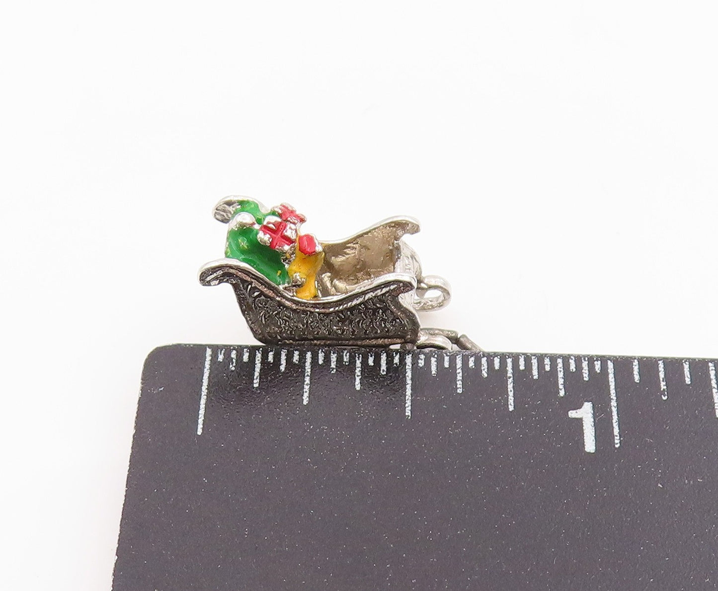 925 Sterling Silver Vintage Pendant Enameled Christmas Sleigh Charm  PT25456