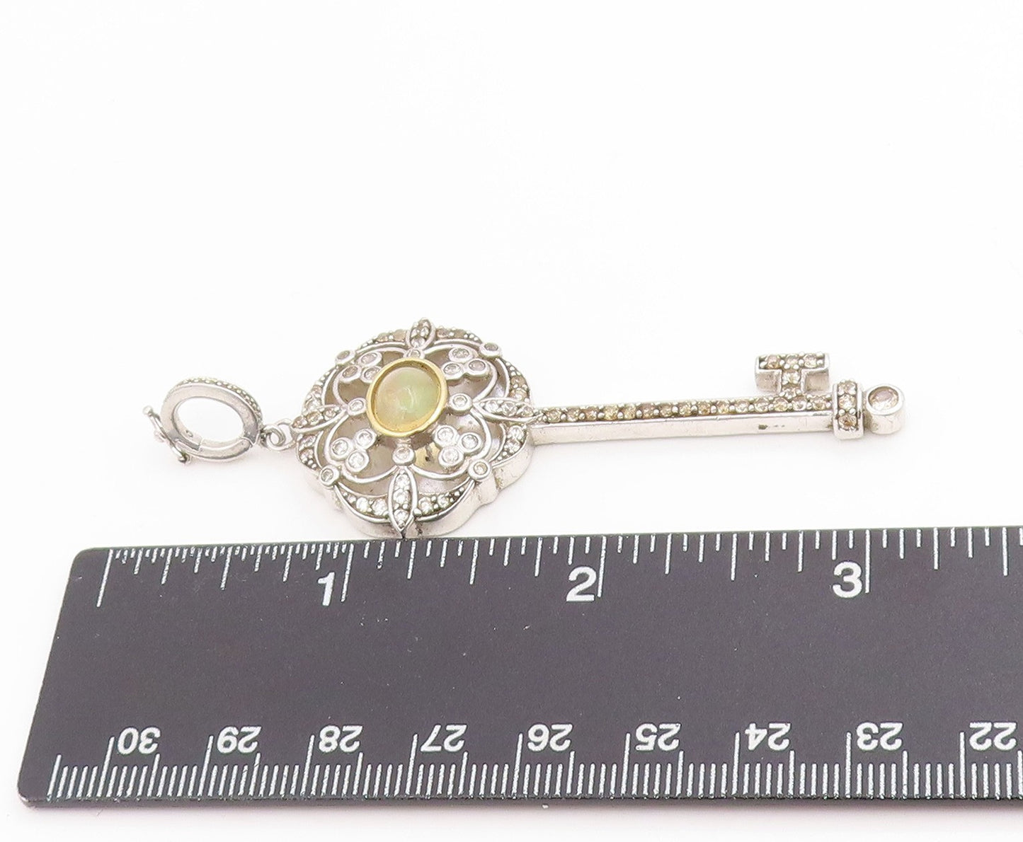 925 Sterling Silver Vintage Pendant Cabochon Opal & CZ Treasure Key  PT25644