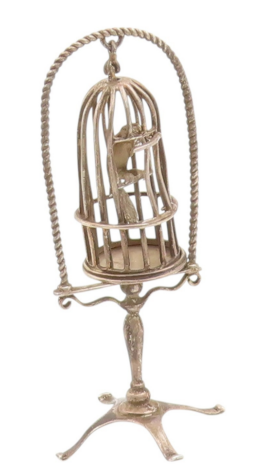 925 Sterling Silver Vintage Decorative Piece Hanging Bird Cage & Parrot  TR4093