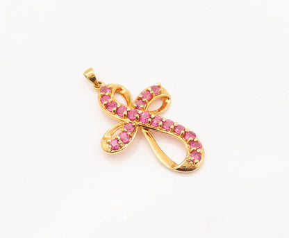 925 Sterling Silver Vintage Pendant Gold Plated Swirled Pink CZ Cross  PT23140