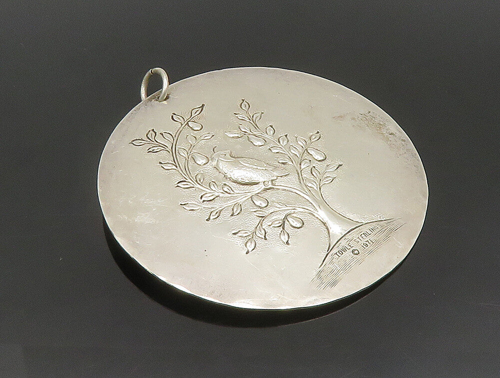 TOWLE 925 Silver  Vintage Antique Garden Bird & Flower Round Pendant  PT20406