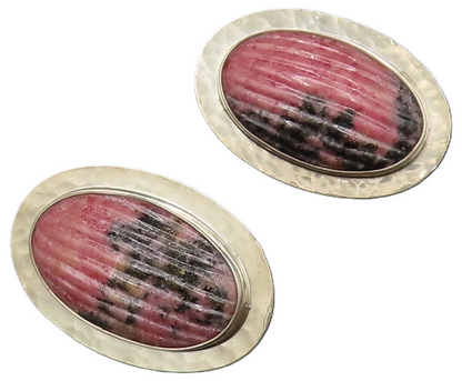CERRO BLANCO 925 Silver  Vintage Ribbed Rhodonite Hammered Earrings  EG12247