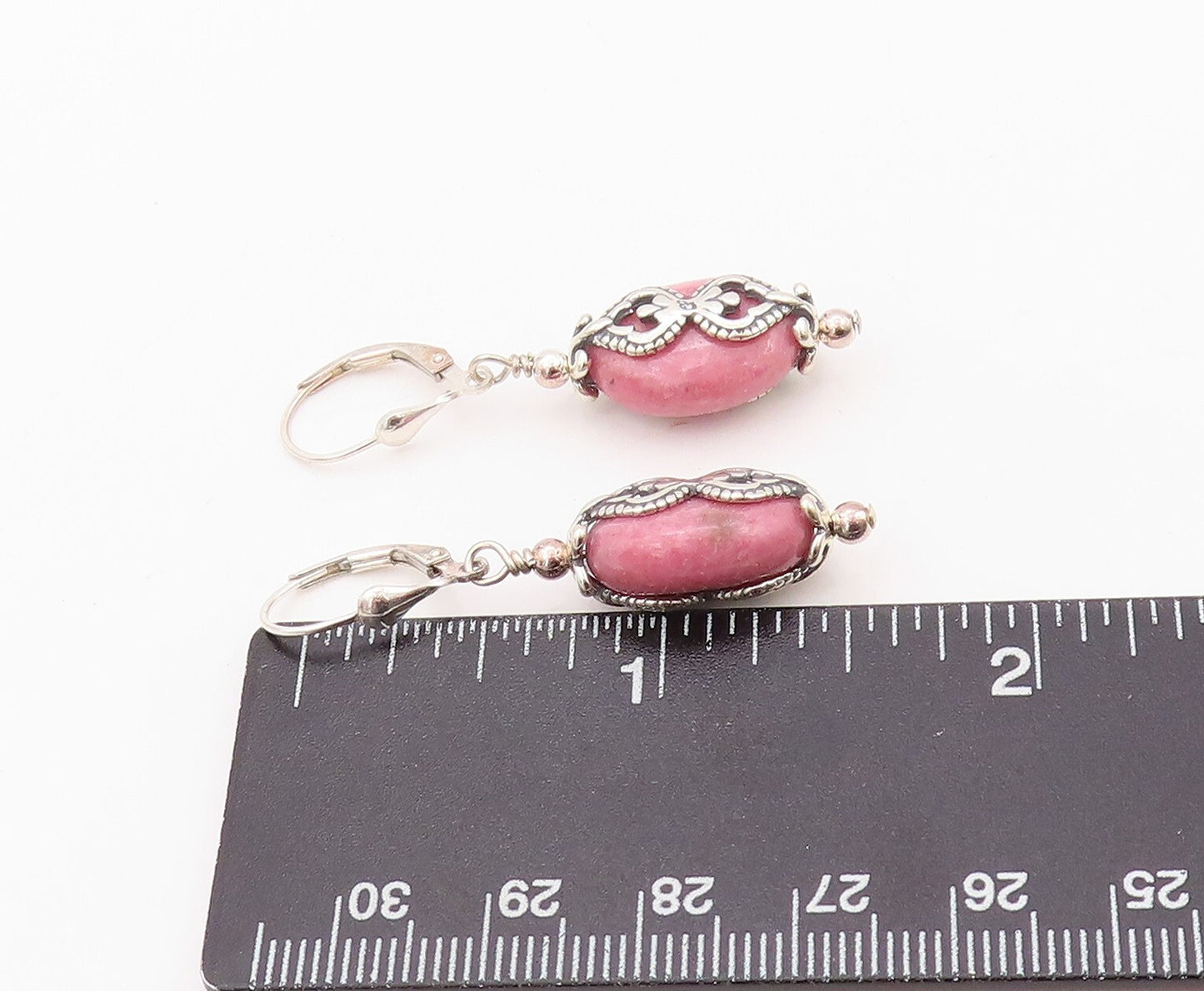 925 Sterling Silver Vintage Earrings Modernist Pink Gemstone Carved  EG13448