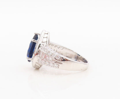 925 Sterling Silver Vintage Ring Drop Cut Sapphire Halo CZ Inlay Sz 7.5  RG30055
