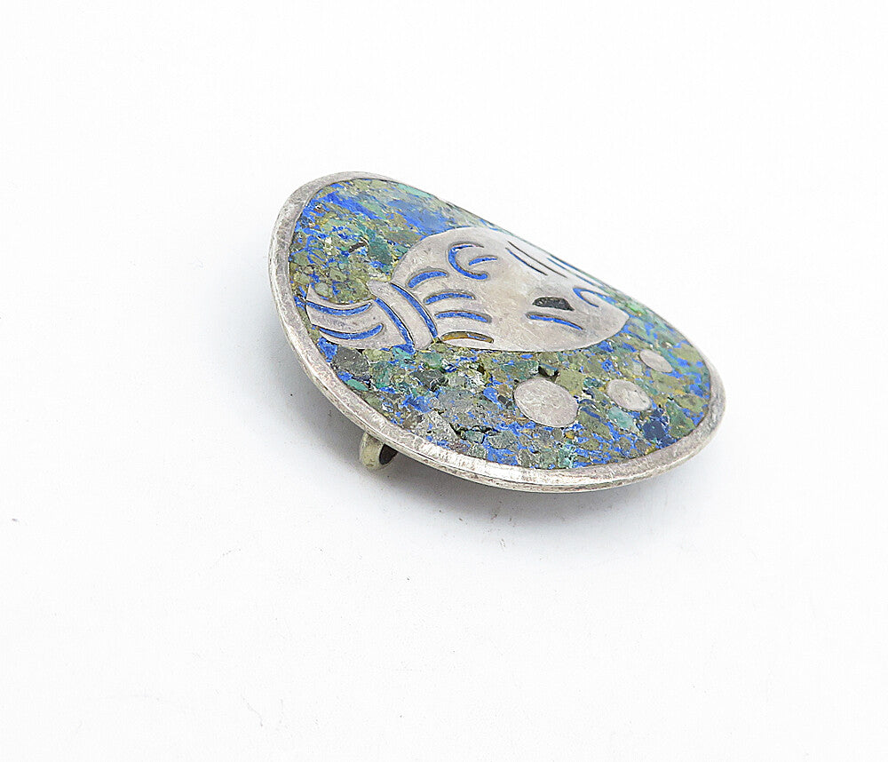 MEXICO 925 Sterling Silver  Vintage Inlaid Jasper Face Brooch Pin  BP1561