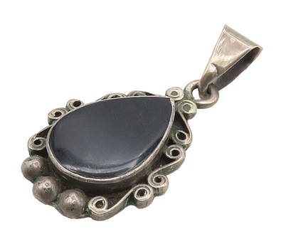 MEXICO 925 Sterling Silver  Vintage Black Onyx Swirl Border Pendant  PT12358