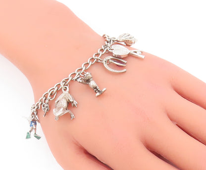 925 Sterling Silver Vintage Bracelet Carved Dangling Charms Amethyst  BT10423