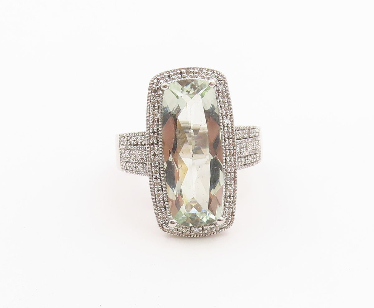 925 Sterling Silver Vintage Ring Real Diamonds & Green Amethyst  Sz 8  RG36484
