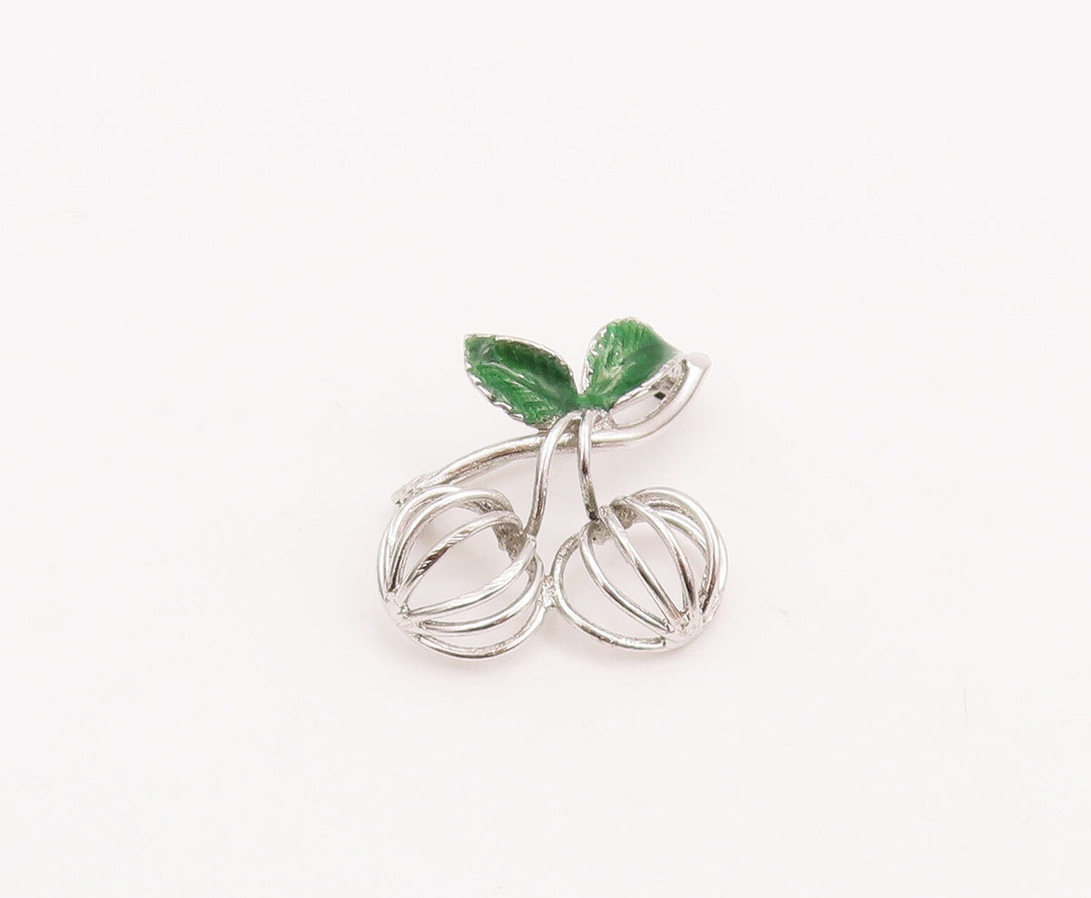 925 Sterling Silver Vintage Brooch Pin Enameled Leaves Cutout Fruit  BP10982