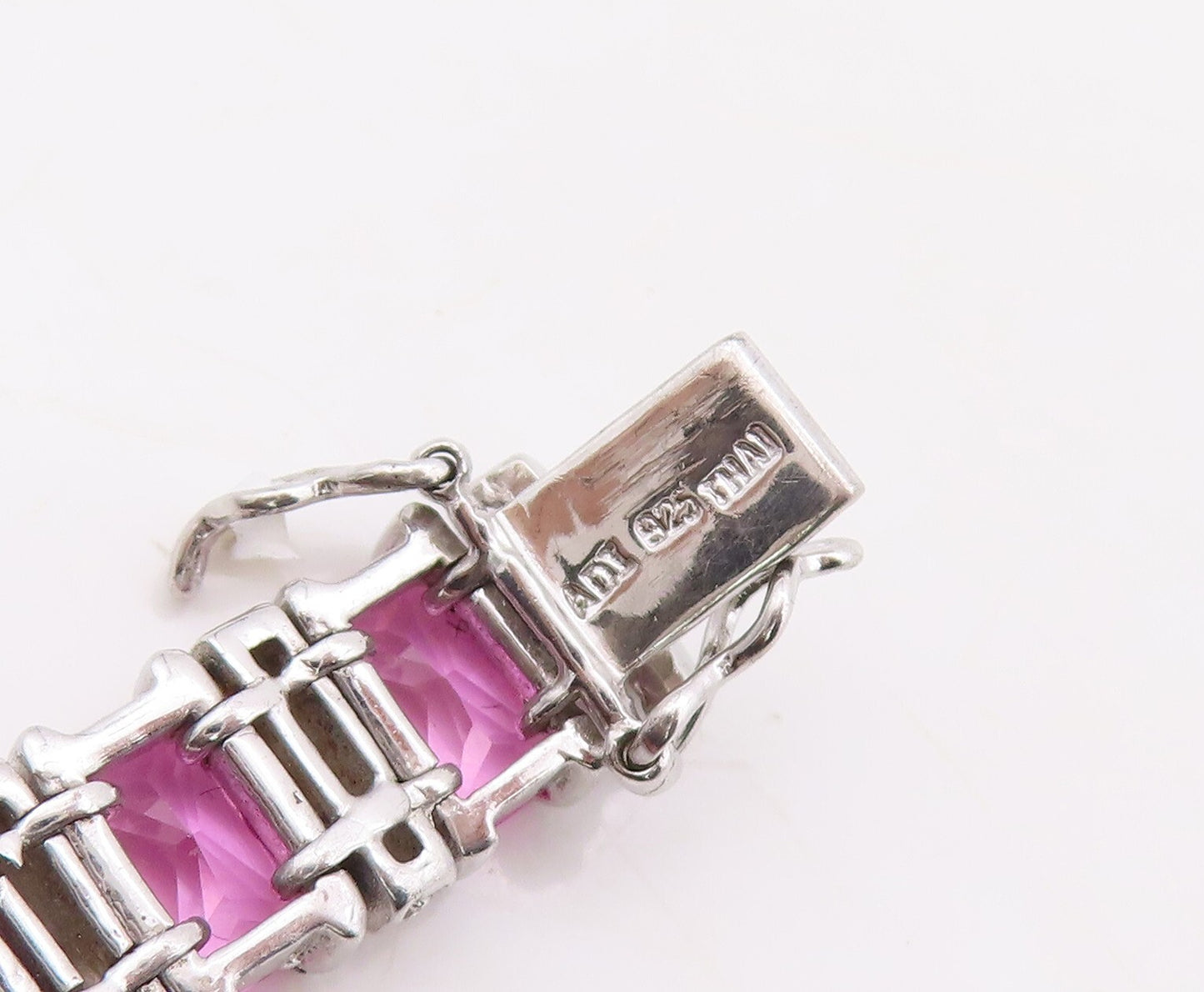 925 Sterling Silver Vintage Bracelet Rectangle Pink & White CZ Inlay  BT10866