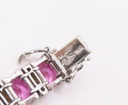 925 Sterling Silver Vintage Bracelet Rectangle Pink & White CZ Inlay  BT10866