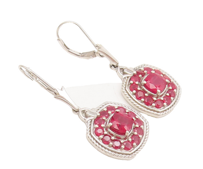 925 Sterling Silver  Vintage Multiple Ruby Square Dangling Earrings  EG12613