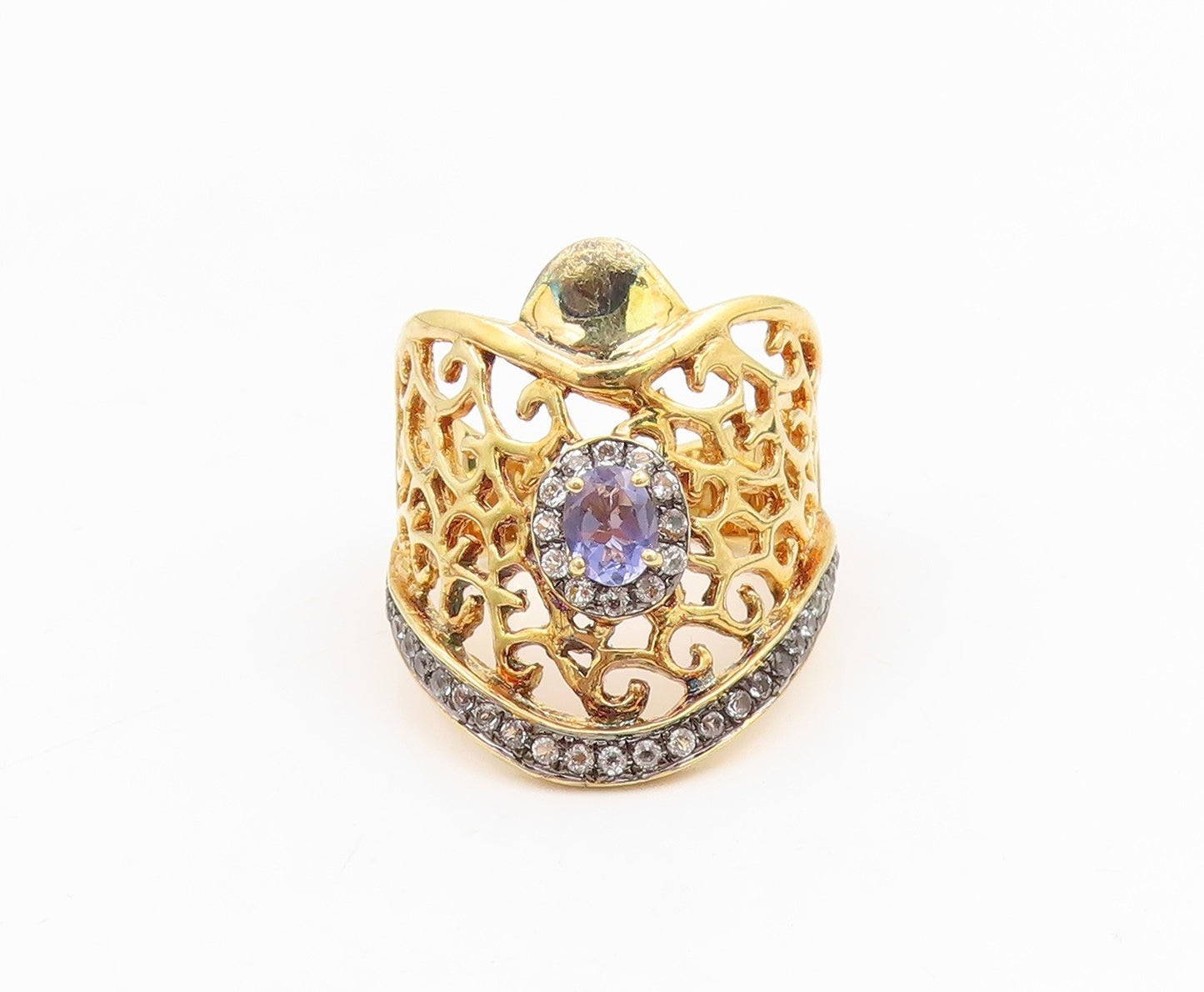 925 Sterling Silver Vintage Ring Gold Plated Real Topaz Openwork Sz 6.5 RG34967