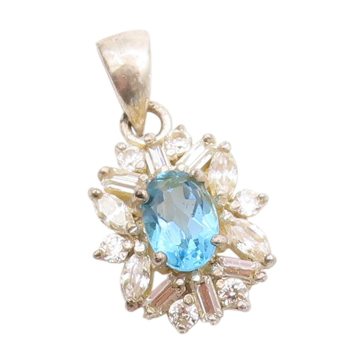 925 Sterling Silver Vintage Pendant Blue Topaz & CZ Floral Design Charm  PT25139