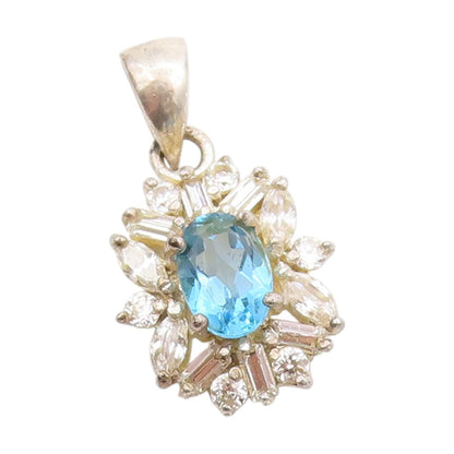 925 Sterling Silver Vintage Pendant Blue Topaz & CZ Floral Design Charm  PT25139