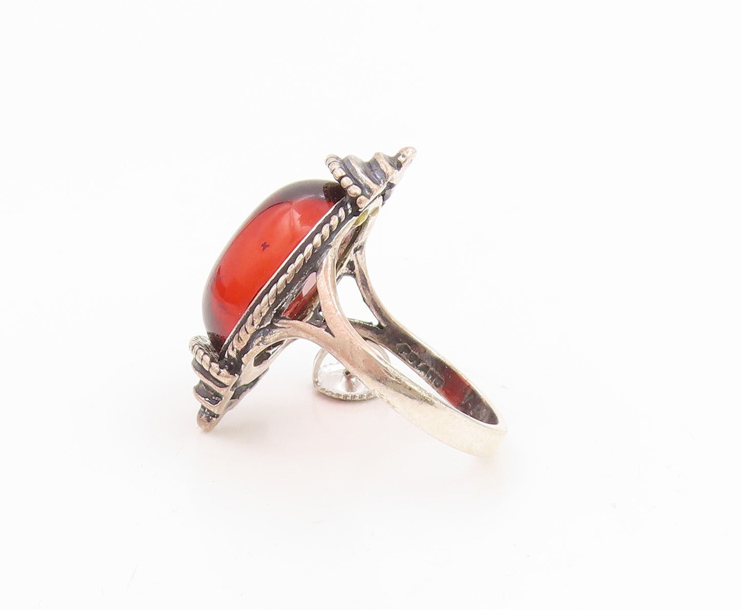 925 Sterling Silver Vintage Ring POLAND Cabochon Amber Band  Sz 6.5  RG35335
