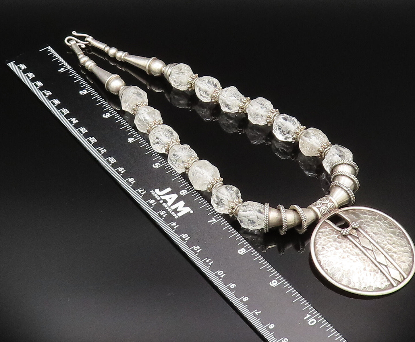 Solid Silver Vintage Heavy Hammered Circle Beaded Clear Stone Necklace  NE3916