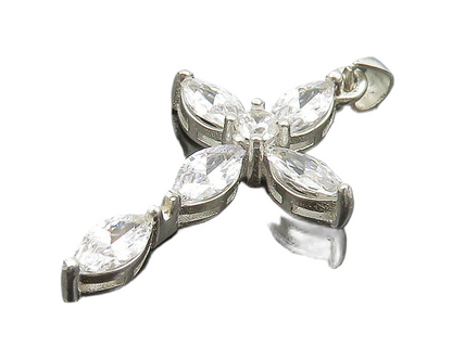 925 Sterling Silver  Vintage Marquise Topaz Religious Cross Pendant  PT19623