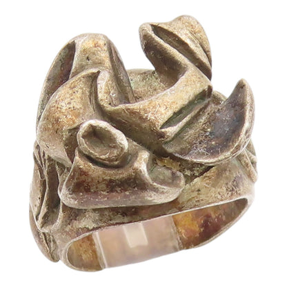 925 Sterling Silver Vintage Ring Bold Brutalist Design Motif Band  Sz 4  RG36081