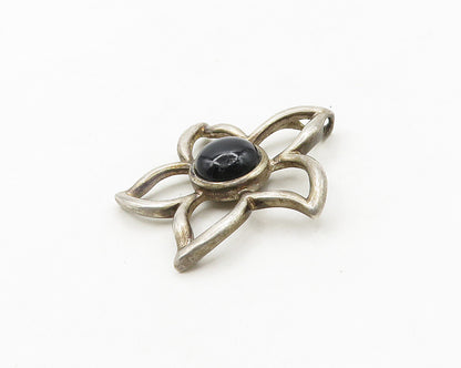 925 Sterling Silver  Vintage Cabochon Black Onyx Flower Motif Pendant  PT15134
