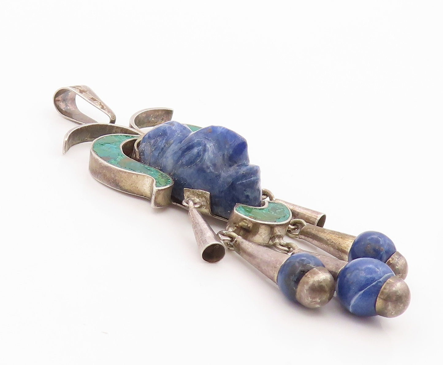 925 Sterling Silver Vintage Pendant MEXICO Turquoise Trible Man Carved  PT24342
