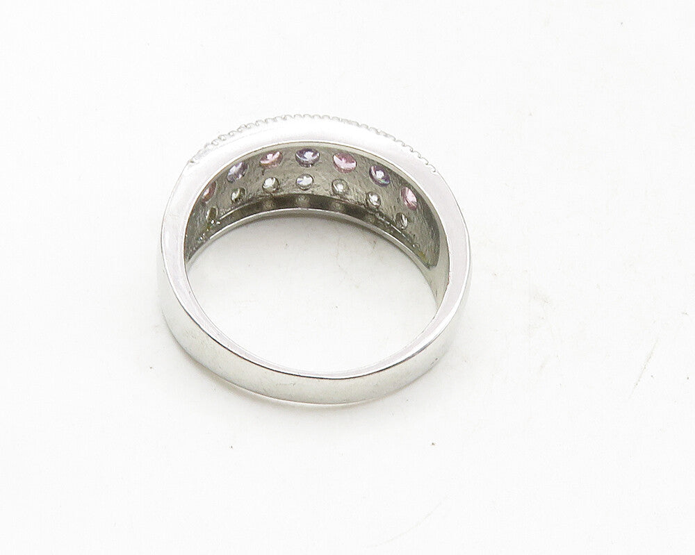 925 Sterling Silver  Pink & White Topaz Three Row Band Ring Sz 10.5  RG9940