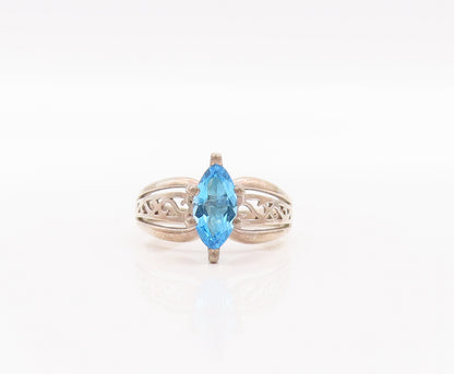 925 Sterling Silver Vintage Ring Swirly Carved Marquise Cut Blue CZ Sz 7 RG28181
