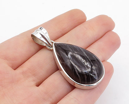 925 Sterling Silver  Cabochon Cut Black Agate Shiny Tear Drop Pendant  PT3123