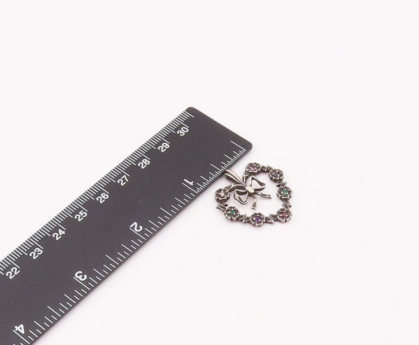 925 Sterling Silver  Vintage Flower Band Heart With bow Topaz Pendant  PT22154