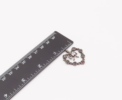 925 Sterling Silver  Vintage Flower Band Heart With bow Topaz Pendant  PT22154