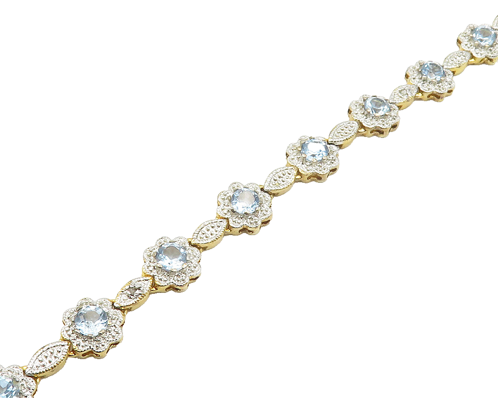 925 Sterling Silver  Shiny Blue Topaz Two Tone Floral Chain Bracelet  BT7336