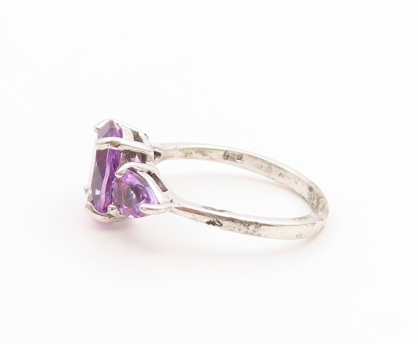 925 Sterling Silver Vintage Ring Elegant Three Stone Amethyst Band Sz 7 RG36815