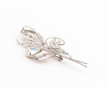 925 Sterling Silver  Vintage Cubic Zirconia Filigree Flower Brooch Pin  BP3004