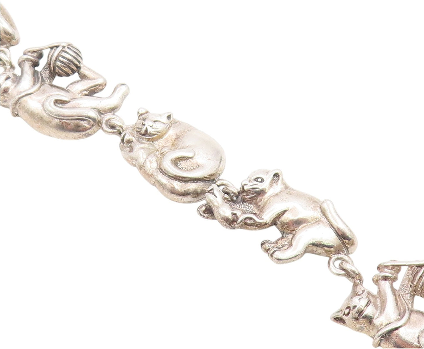 925 Sterling Silver Vintage Bracelet MEXICO Figural Playing Cats Link  BT12046
